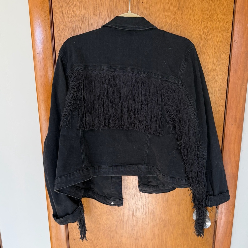 Eloquii Black Fringe Denim Jacket Size 18 | Statement Layer Festival Spring - Picture 6 of 7